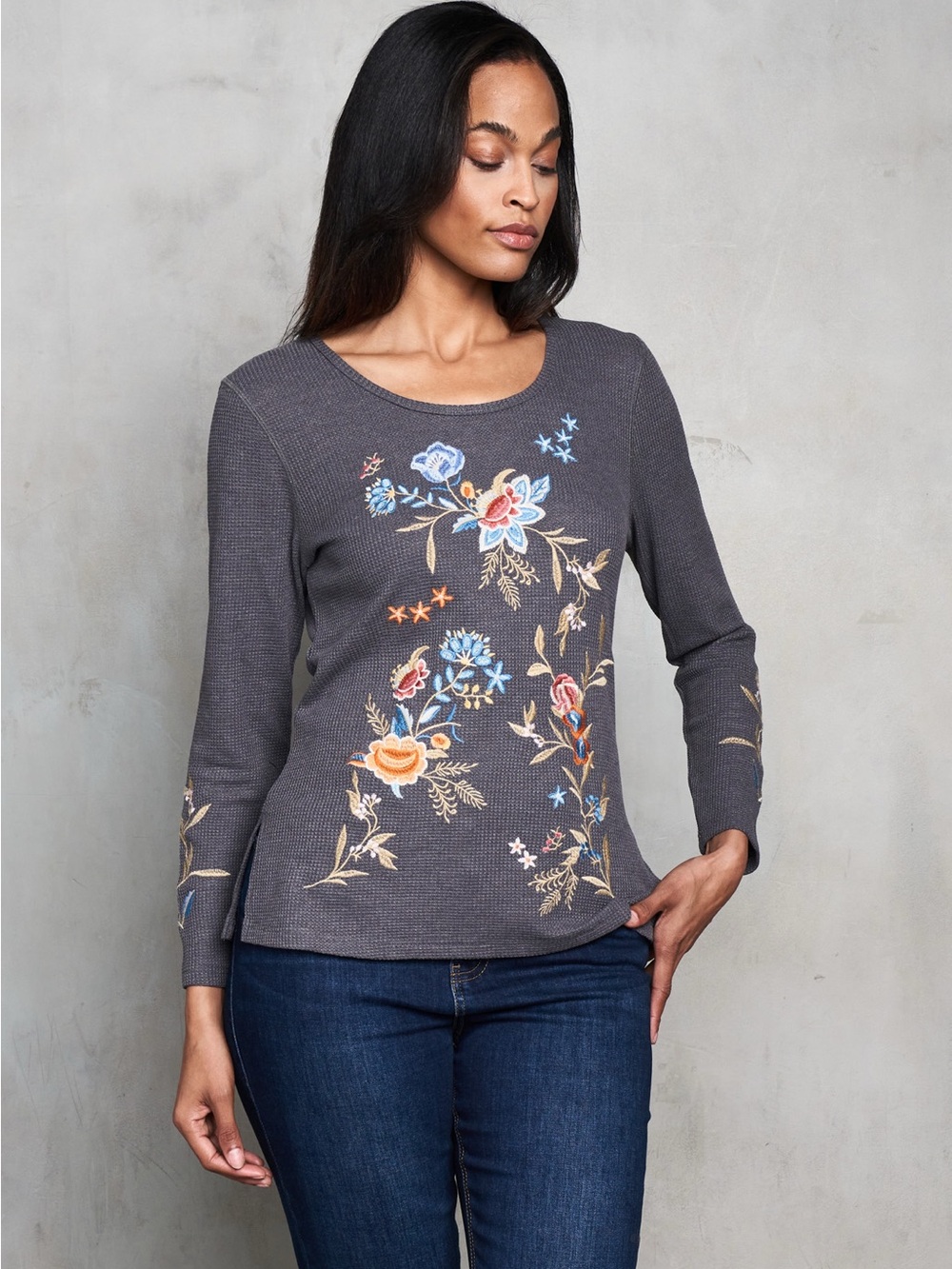 Thermal Women's Embroidered Floral Long-Sleeve Top - Gray